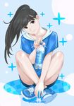  black_hair blush bottle brown_eyes head_tilt hikali hood hood_down indian_style long_hair love_plus ponytail sitting smile solo sportswear takane_manaka water_bottle 