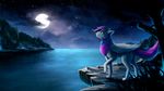  amazing_background black_nose blue_eyes canine detailed_background feathered_wings feathers female feral fur grey_fur hair hindpaw l1nkoln mammal moon night outside paws purple_fur purple_hair sky solo standing star starry_sky water wings wolf 