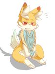  anthro blush bottomless bulge canine clothed clothing covering covering_crotch cub cute fox fur half-closed_eyes looking_down male mammal orange_fur poncho red_eyes shadow simple_background solo white_background white_fur young 典藏haodai 