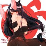 2016 alternate_costume animal_ears bare_arms bare_shoulders black_hair black_legwear breasts bunny_ears bunny_tail bunnysuit character_name cleavage cointreau dated embarrassed eyebrows eyebrows_visible_through_hair feet_out_of_frame fishnet_pantyhose fishnets fusou_(kantai_collection) hair_ornament hair_ribbon hairband hand_on_own_chest kantai_collection large_breasts long_hair looking_at_viewer low_tied_hair pantyhose red_eyes ribbon solo tail twitter_username two-tone_background white_ribbon 