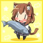  animal_ears black_legwear blush brown_hair cat_ears cat_tail chibi commentary fang fish hair_ornament hairclip holding_fish ikazuchi_(kantai_collection) kantai_collection kemonomimi_mode open_mouth oshiruko_(uminekotei) pantyhose school_uniform serafuku short_hair skirt solid_eyes solo tail yellow_background |_| 