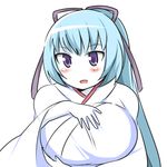  aoi_(gegege_no_kitarou) breasts gegege_no_kitarou hair_ribbon hands_on_own_chest huge_breasts japanese_clothes mikagelove miko open_mouth pale_skin ponytail ribbon solo yuki_onna 