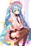  :d bangs black_bow black_legwear black_neckwear blue_eyes blue_hair bonnet bow bowtie curly_hair dress food food_themed_clothes food_themed_hair_ornament frills fruit hair_ornament hatsune_miku ice_cream long_hair nishita open_mouth sitting smile solo sprinkles strawberry thighhighs twintails very_long_hair vocaloid 