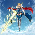  absurdres ahoge artoria_pendragon_(all) artoria_pendragon_(lancer) blonde_hair blue_legwear breasts cape cleavage fate/grand_order fate_(series) fur_trim gauntlets greaves green_eyes highres holding holding_weapon lance large_breasts looking_at_viewer mhg_(hellma) polearm rhongomyniad solo weapon 