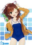  ;d absurdres arm_up armpits bangs blush brown_eyes brown_hair covered_navel cowboy_shot flat_chest hair_ornament hair_ribbon hairclip high_school_fleet highres hood hooded_jacket irizaki_mei jacket long_hair looking_at_viewer off_shoulder one-piece_swimsuit one_eye_closed open_mouth peko ponytail ribbon scan school_swimsuit sleeves_past_wrists smile solo swept_bangs swimsuit water_gun 