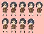  animal_ears bandaid bandaid_on_face black_eyes black_hair brave_witches chibi closed_eyes grin kanno_naoe lowres multiple_views open_mouth pink_background scarf shaded_face shimada_fumikane short_hair simple_background smile turn_pale variations world_witches_series 
