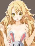  artist_name blonde_hair breasts brown_background bunny collarbone convenient_censoring disgaea highres iwasi-r liezerota long_hair looking_at_viewer makai_senki_disgaea_5 medium_breasts nude pointy_ears smile solo upper_body yellow_eyes 