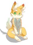  anthro bottomless canine clothed clothing covering covering_crotch cub cute fox fur green_eyes male mammal orange_fur poncho shadow simple_background solo white_background white_fur young 典藏haodai 