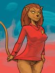 anthro bottomless brown_fur brown_hair caitian clothed clothing feline female fur hair m&#039;ress mammal pussy science_fiction slit_pupils star_trek unknown_artist yellow_sclera 