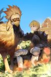  1boy armor blonde_hair blue_sky blurry chocobo day depth_of_field final_fantasy final_fantasy_tactics flower grass highres kinketsu outdoors ponytail ramza_beoulve sitting sky smile traditional_media watercolor_(medium) 