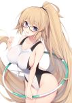  :d bangs bare_shoulders between_breasts black-framed_eyewear blonde_hair blue_eyes blush breasts collarbone competition_swimsuit covered_nipples erect_nipples eyebrows_visible_through_hair fate/grand_order fate_(series) glasses hand_up head_tilt highres holding hoop hula_hoop jeanne_d&#039;arc_(fate) jeanne_d&#039;arc_(fate)_(all) jeanne_d&#039;arc_(swimsuit_archer) jeanne_d'arc_(fate) jeanne_d'arc_(fate)_(all) jeanne_d'arc_(swimsuit_archer) large_breasts long_hair looking_at_viewer miko_92 one-piece_swimsuit open_mouth ponytail sideboob simple_background smile solo swimsuit very_long_hair whistle whistle_around_neck 