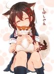  absurdres ahoge animal animal_ears black_legwear braid brown_hair character_name closed_eyes closed_mouth cointreau dog dog_ears dog_tail hair_flaps hair_ornament hair_over_shoulder hairpin happy highres holding holding_animal kantai_collection kemonomimi_mode kneehighs knees_up long_hair paw_print pleated_skirt remodel_(kantai_collection) school_uniform serafuku shiba_inu shigure_(kantai_collection) short_sleeves single_braid sitting skirt smile solo tail 