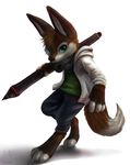  4_fingers 4_toes anthro barefoot black_nose brown_fur brown_hair canine clothed clothing digitigrade fox fur green_eyes hair headphones looking_at_viewer mammal simple_background smile solo thanshuhai toes white_background 