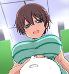  1girl blush breasts brown_hair eyebrows eyebrows_visible_through_hair from_below green_eyes hair_between_eyes indoors lap_pillow large_breasts looking_down new_game! open_mouth partially_colored shinoda_hajime shirt short_hair smile solo_focus take_(shokumu-taiman) taut_clothes taut_shirt 