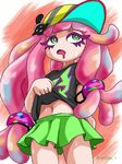  baseball_cap clothed clothing clothing_lift drooling eyelashes female glenna_nalira green_eyes hair hat hi_res long_hair navel nintendo not_furry pink_hair pleated_skirt portrait saliva sea_anemone shirt shirt_lift skirt solo splatoon sweat t-shirt takobe three-quarter_portrait twitter_username video_games 