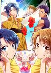  3boys atobe_keigo blue_hair brown_hair chikariya crazy_straw doki_doki_survival drinking_straw dual_persona flower glasses headband heart_straw hibiscus jacket kite_eishirou multiple_boys multiple_girls purple_hair short_hair tennis_no_ouji-sama tsujimoto_ayaka yukimura_seiichi 