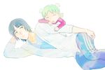  1girl bad_source black_hair father_and_daughter green_hair hand_on_own_thigh k29 koiwai_yotsuba lips looking_at_another lying mr_koiwai on_side pants quad_tails raglan_sleeves simple_background sleeping track_pants white_background yotsubato! 