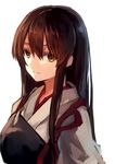  absurdres akagi_(kantai_collection) brown_eyes brown_hair highres japanese_clothes kantai_collection light_smile long_hair muneate natsuyuki simple_background solo straight_hair tasuki upper_body white_background 