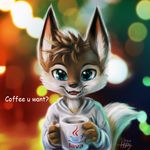  2012 4_fingers anthro beverage black_nose blue_eyes brown_fur brown_hair canine clothed clothing coffee english_text fox fur hair holding_object inner_ear_fluff java looking-at_viewer mammal open_mouth smile solo teeth text thanshuhai whiskers white_fur 