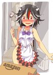 alternate_costume amazon_(company) apron black_hair blush breasts collarbone constricted_pupils embarrassed eyebrows eyebrows_visible_through_hair hair_between_eyes horns kijin_seija ladle multicolored_hair naked_apron nose_blush open_door open_mouth out_of_frame product_placement red_hair short_hair small_breasts solo_focus standing steam streaked_hair sweatdrop taishi_(moriverine) tongue touhou white_hair wide_hips 