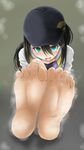  1girl barefoot black_hair blush cap feet green_eyes long_hair looking_at_viewer pokemon pokemon_trainer pov pov_feet soles steam toes 