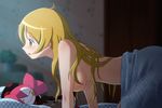  all_fours anime_coloring bed_sheet blanket blonde_hair blush body_blush breasts charlotte_(madoka_magica) hair_down large_breasts lips long_hair mahou_shoujo_madoka_magica mahou_shoujo_madoka_magica_movie night nude official_style on_bed open_mouth sat-c shiny shiny_hair sleeping tomoe_mami yellow_eyes 