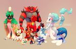  black_fur blue_eyes brionne cat closed_eyes dartrix decidueye evolution gen_7_pokemon group_picture incineroar litten no_humans open_mouth owl pokemon pokemon_(creature) popplio primarina red_fur rowlet sitting striped tail torracat wings yellow_sclera zerudez 