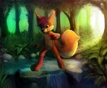  3_toes 4_fingers anthro black_lips black_nose canine creek day detailed_background fluffy fluffy_tail forest fur hair hi_res male mammal nude orange_fur purple_hair smile solo standing thanshuhai toes tree water yellow_eyes 