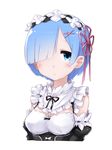  :&lt; black_ribbon blue_eyes blue_hair blush detached_sleeves hair_ornament hair_over_one_eye hair_ribbon hairband highres looking_at_viewer maid maid_headdress moegi_nenene purple_ribbon re:zero_kara_hajimeru_isekai_seikatsu rem_(re:zero) ribbon ribbon_trim short_hair simple_background solo underbust upper_body white_background x_hair_ornament 