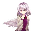  bow bowtie brooch grey_jacket hand_on_own_chin highres jacket jewelry kishin_sagume long_sleeves looking_at_viewer minomushi_(mino_kkgt) purple_shirt red_bow red_eyes red_neckwear shirt short_hair silver_hair simple_background single_wing solo touhou upper_body white_background wings 