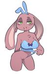  anthro big_breasts blush breasts brown_fur buckteeth bunny_costume cleavage clothed clothing fake_ears fake_rabbit_ears female fur green_eyes itsunknownanon lagomorph mammal pussy rabbit simple_background solo teeth tongue tongue_out white_background 