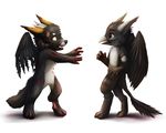  anthro avian beak black_feathers black_fur black_nose blood blue_eyes digitigrade feathered_wings feathers fur gryphon horn male membranous_wings nude open_mouth simple_background standing teeth thanshuhai undead white_background white_beak white_eyes wings zombie 