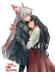  2girls ;) alternate_costume artist_logo bangs black_hair black_pants blush bow buttons casual clenched_teeth closed_mouth coat commentary_request contemporary cowboy_shot dated eyebrows_visible_through_hair fujiwara_no_mokou green_sweater grey_hair hair_bow hand_in_another&#039;s_pocket hand_in_pocket hand_up head_on_chest highres houraisan_kaguya kanji_(white7night) leaning_on_person long_hair long_skirt long_sleeves looking_at_another multiple_girls nose_blush one_eye_closed open_clothes open_coat pants red_eyes red_neckwear red_skirt ribbed_sweater scarf simple_background skirt smile standing sweatdrop sweater teeth touhou turtleneck turtleneck_sweater very_long_hair white_background white_pupils white_sweater 