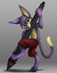  4_fingers 4_toes anthro armpits brown_eyes clothed clothing digitigrade fur male mammal pink_nose purple_fur simple_background slo solo standing tan_fur thanshuhai toes topless 