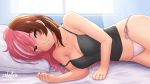  1girl bed_sheet breasts brown_hair cleavage collarbone cslucaris curtains groin heterochromia indoors jewelry lingerie long_hair looking_at_viewer lying medium_breasts multicolored_hair navel neo_(rwby) off_shoulder on_bed on_side panties patreon_username pillow pink_hair ring rwby side-tie_panties solo underwear very_long_hair watermark web_address wedding_band white_panties window 