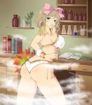  1girl ass book bow bracelet breasts curvy green_eyes hair_bow haruka_(senran_kagura) hips indoors jewelry large_breasts light_brown_hair looking_at_viewer official_art open_mouth senran_kagura short_hair sideboob smoke solo steam thick_thighs thighs wide_hips yaegashi_nan 