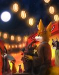  black_feathers black_hair brown_hair canine clothed clothing detailed_background eyes_closed feathered_wings feathers female fox fur green_eyes grey_fur group hair male mammal night orange_eyes orange_fur outside pink_nose sky smile standing star starry_sky thanshuhai tongue wings 