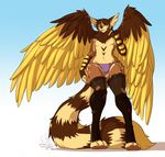  4_toes anthro brown_eyes brown_hair digitigrade feathered_wings feathers fur girly gradient_background hair looking_at_viewer male mark_haynes simple_background solo standing tan_fur toes wide_hips wings yellow_feathers 