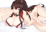  1girl bed black_panties bra breasts brown_eyes brown_hair cleavage erimiko female flower hair_ornament headgear huge_breasts kantai_collection lace-trimmed_panties long_hair long_ponytail looking_at_viewer lying panties ponytail solo thighs yamato_(kantai_collection) 