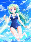  ahoge ass_visible_through_thighs bashen_chenyue blue_eyes blue_swimsuit breasts cleavage cloud collarbone day eyebrows eyebrows_visible_through_hair green_hair heterochromia highres long_hair medium_breasts ocean old_school_swimsuit one-piece_swimsuit original outdoors red_eyes school_swimsuit see-through sky smile solo swimsuit thighhighs water wet_thighhighs white_legwear 