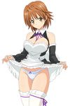 apron artist_request ass_visible_through_thighs bow bow_panties breasts brown_hair cleavage cleavage_cutout cosplay cowboy_shot detached_sleeves dream_c_club dream_c_club_(series) genderswap genderswap_(mtf) highres jpeg_artifacts large_breasts looking_at_viewer maid maid_apron panties ribbon-trimmed_legwear ribbon_trim short_hair simple_background skirt skirt_lift solo thighhighs to_love-ru underwear white_background white_legwear white_panties yellow_eyes yuuki_rito yuusaki_riko 