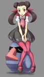  black_footwear brown_hair dress full_body gen_3_pokemon grey_background grey_dress hair_ornament hair_pulled_back highres looking_at_viewer mary_janes nosepass open_mouth pantyhose pink_legwear pokemon pokemon_(creature) pokemon_(game) pokemon_oras red_eyes shoes tsutsuji_(pokemon) twintails you_(maumauyo) 