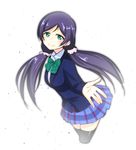  black_legwear blazer blue_skirt bow bowtie cropped_legs green_bow green_eyes green_neckwear hair_ornament hair_scrunchie jacket long_hair looking_at_viewer love_live! love_live!_school_idol_project low_twintails nanotsuki otonokizaka_school_uniform pleated_skirt purple_hair school_uniform scrunchie simple_background skirt smile solo striped striped_bow striped_neckwear thighhighs toujou_nozomi twintails white_legwear 