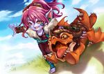  absurdres alternate_costume alternate_hair_color artist_name barefoot blue_skin blue_sky cloud day dragon dragon_tamer_tristana fur_trim grass highres jewelry lan_sing league_of_legends necklace open_mouth outdoors pointy_ears purple_hair running signature sky tristana yordle 