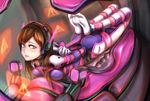  absurdres bdsm bodysuit bondage bound breast_bondage brown_hair can_feng_da_bai_ying d.va_(overwatch) feet headphones highres hogtie long_hair meka_(overwatch) overwatch pilot_suit pink_eyes restrained solo tied_up 