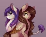  brown_eyes brown_feathers brown_hair duo equine evehly eyebrows eyelashes feathers female feral fur hair long_hair looking_at_viewer mammal nude pegasus pink_eyes purple_hair simple_background sitting smile tan_fur wings 