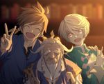  3boys beard braid brown_hair closed_eyes earrings facial_hair jewelry male_focus mikleo_(tales) multiple_boys purple_eyes smile sorey_(tales) tales_of_(series) tales_of_zestiria v white_hair zenrus_(tales) 