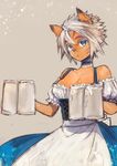  :o alcohol animal_ears apron bare_shoulders beer beer_mug blue_eyes breasts carrying cat_ears choker cleavage collarbone cowboy_shot cup dark_skin dirndl doraeshi facial_mark final_fantasy final_fantasy_xi german_clothes head_tilt highres holding holding_cup large_breasts lavender_background light_particles looking_at_viewer mithra oktoberfest short_hair silver_hair simple_background sketch solo underbust waist_apron 