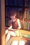  black_hair blush book bookshelf brown_eyes camisole dianche_miao_(18826) highres original reading short_hair sitting skirt solo strap 