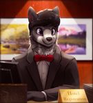  animated anthro black_hair black_nose bow_tie clothed clothing detailed_background hair male mammal no_sound purple_eyes rodrigues404 solo 